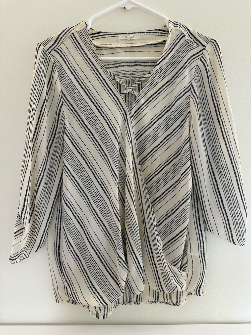 Maurices Cream and Black Striped V-Neck Overlap Blouse